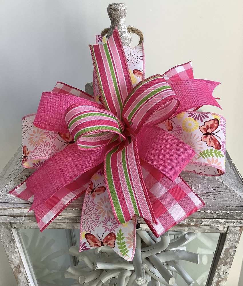 10" Whimsical Easter Wreath Bow, Spring Lantern Bow - Handmade/ Butterflies