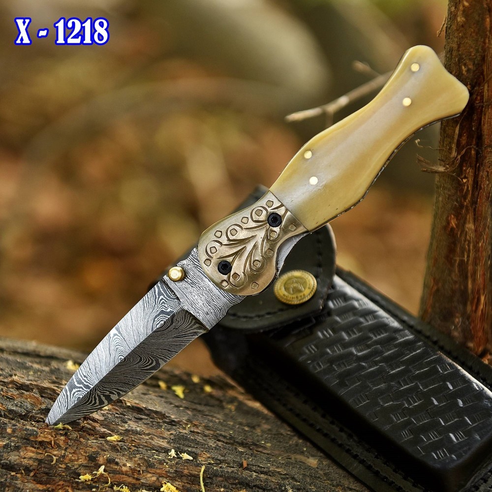Damascus Folding Dagger Pocket Knife Camel Bone Handle Sheath Included Sporting
