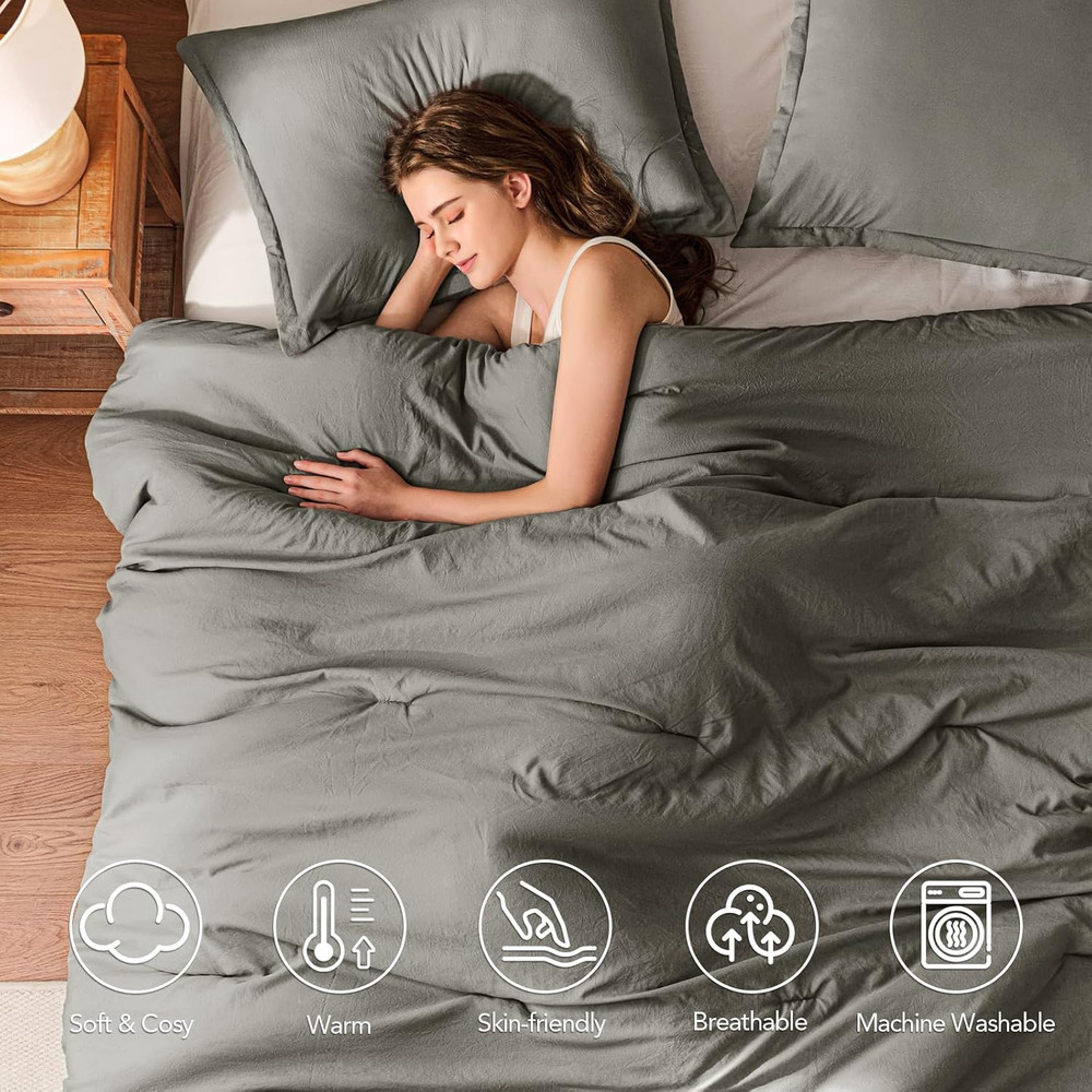 Queen Comforter Sets Grey,3Pcs Soft Lightweight Breathable Bedding Comforter Set