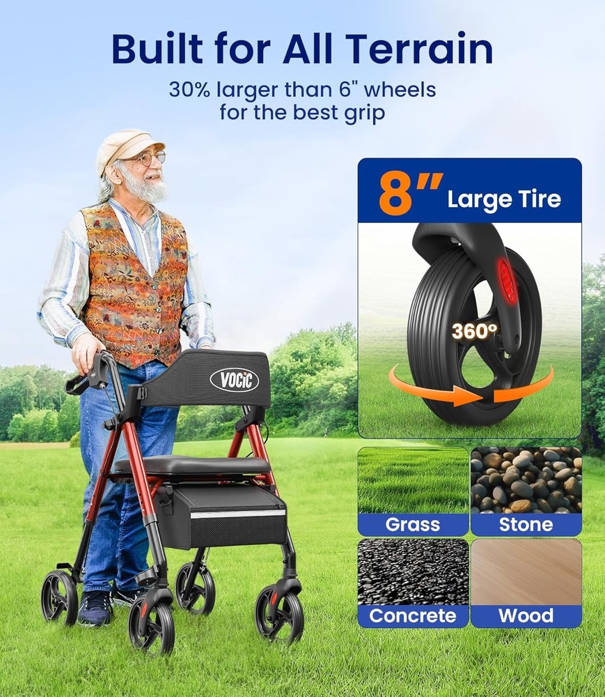 Foldable Rollator Walker Seat 350lb 8" Wheels Adjustable Backrest Support