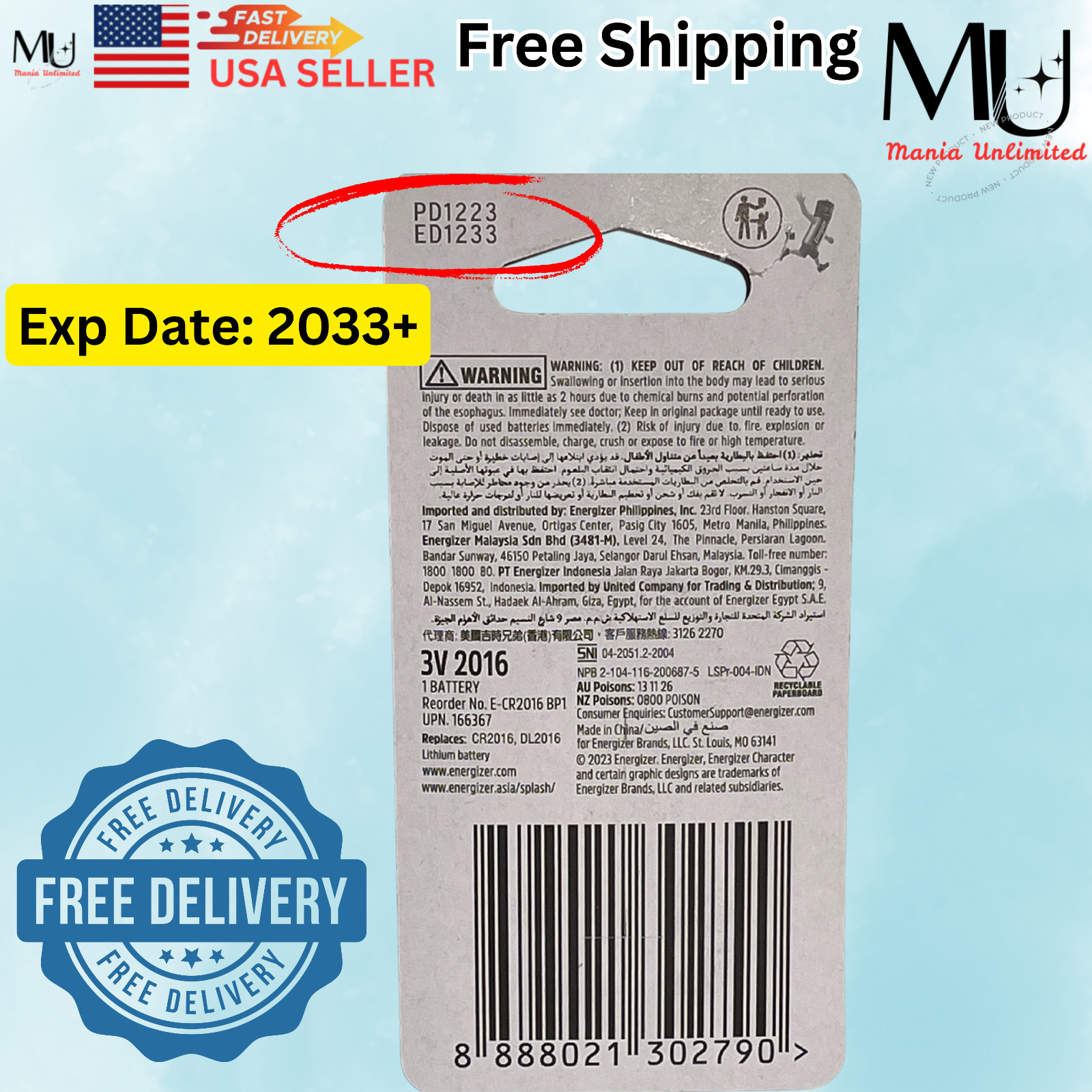 2 PACK ENERGIZER CR2016 ECR2016 Fresh Stock Lithium Battery Exp Date 2033+