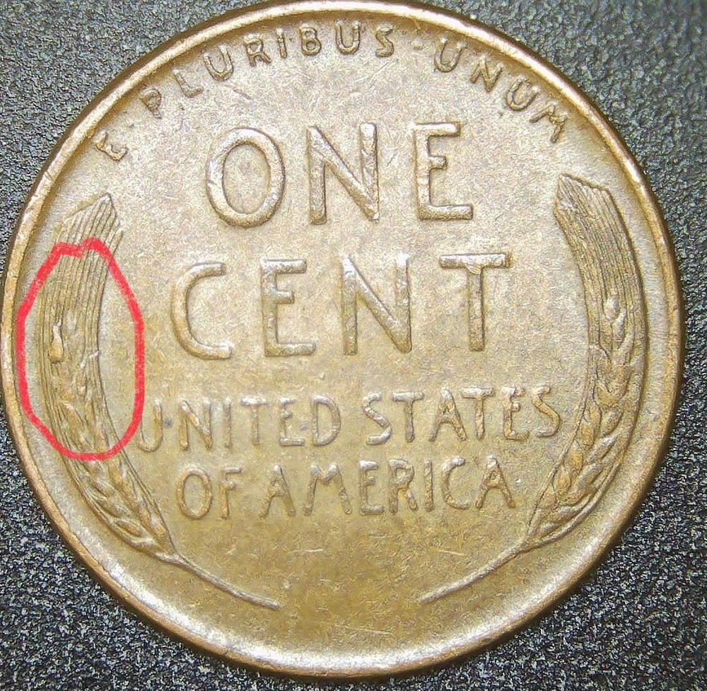1955 D Lincoln Wheat Cent Rev Wheat Die Chip error.