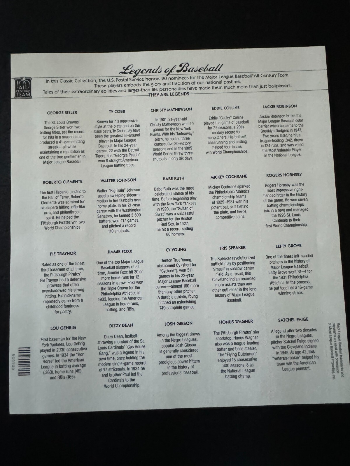 Scott #3408 Legends of Baseball Pane of 20 32¢ Stamps (2000)