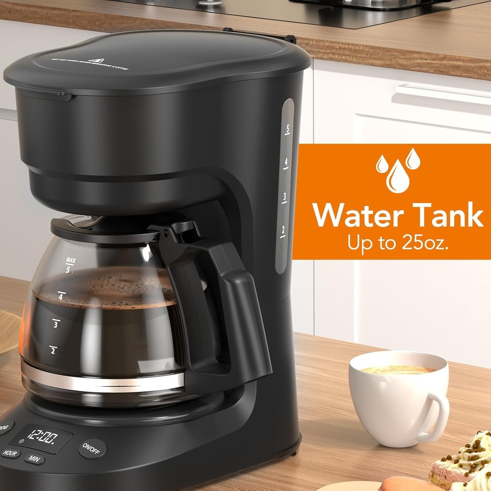 5 Cup Programmable Drip Coffee Maker w/ Timer Auto Shut-Off Black