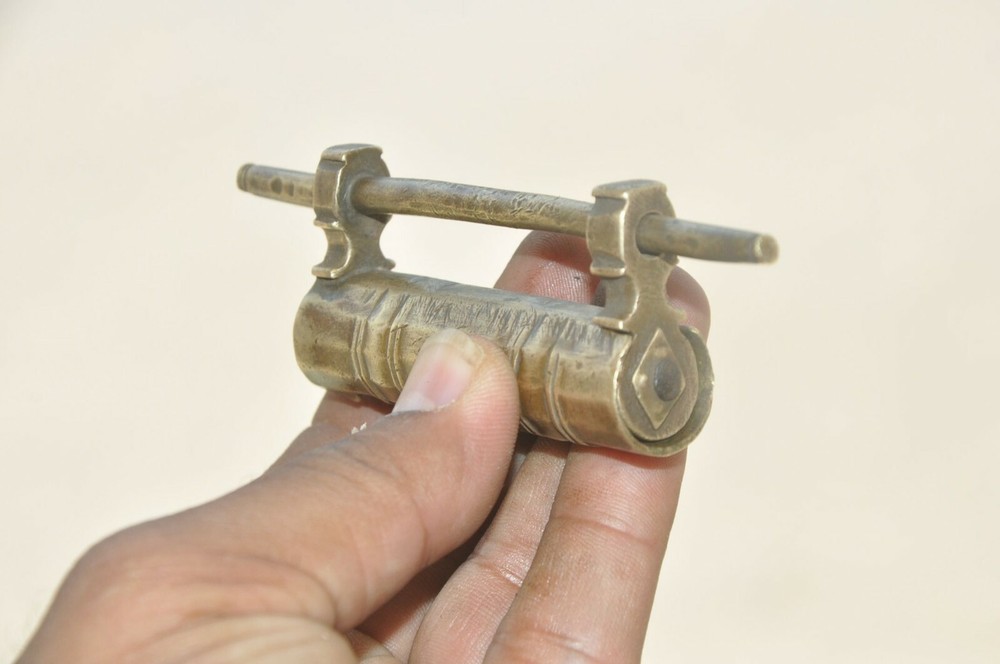 Vintage Brass Small Cylindrical Shape Unique Handcrafted Strip System Padlock
