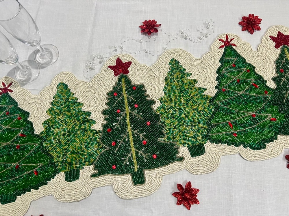 Christmas Tree Design Table Runner Beaded Table Topper Luxury Tableware 13X36 In