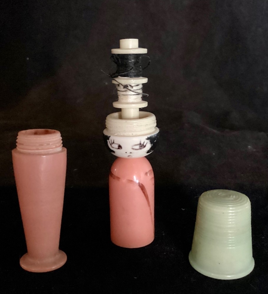 Antique Art Deco Celluloid Lady Sewing Thimble and thread case
