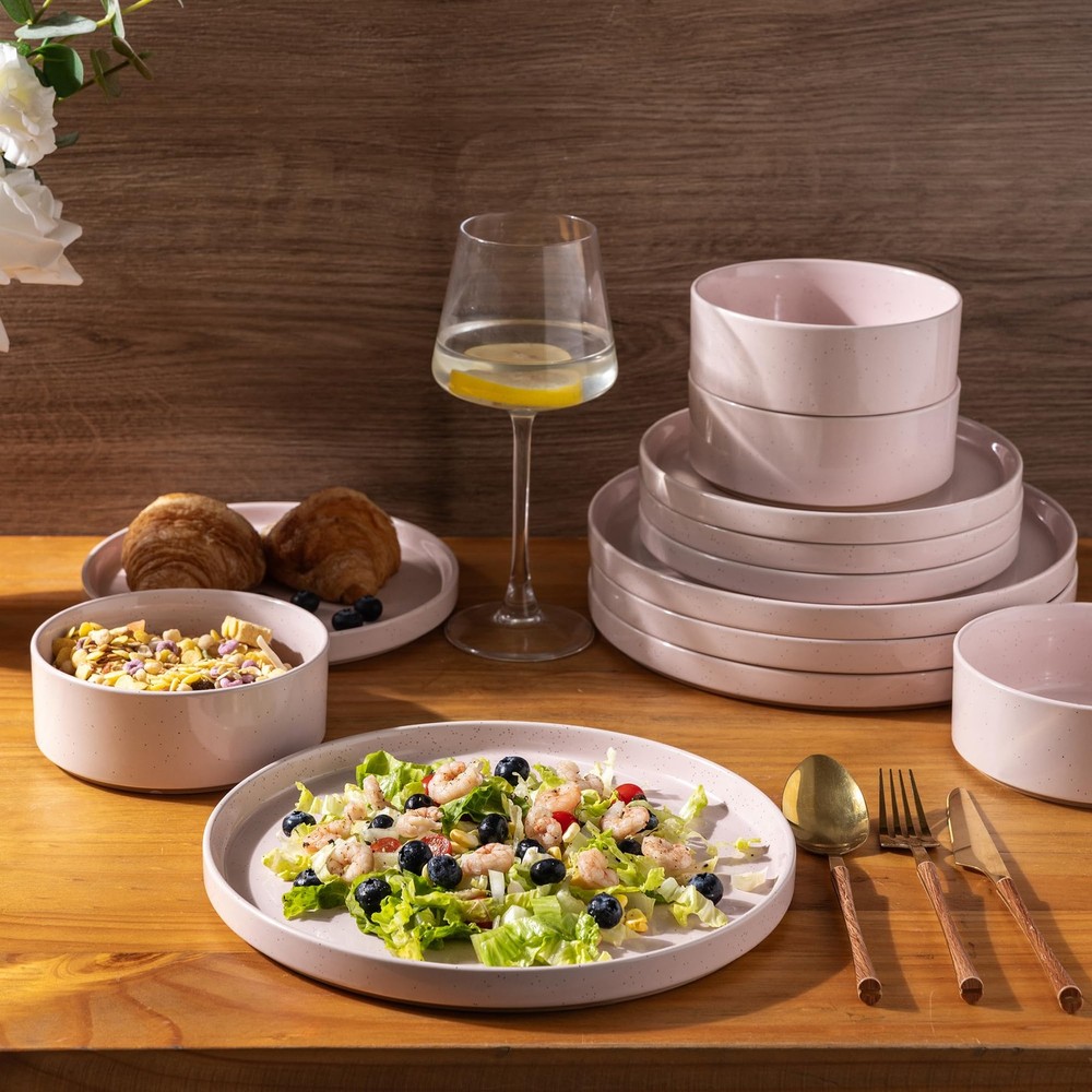 Ceramic Dinnerware Set for 4 | Speckled Stoneware Modern-Pink Service for 4