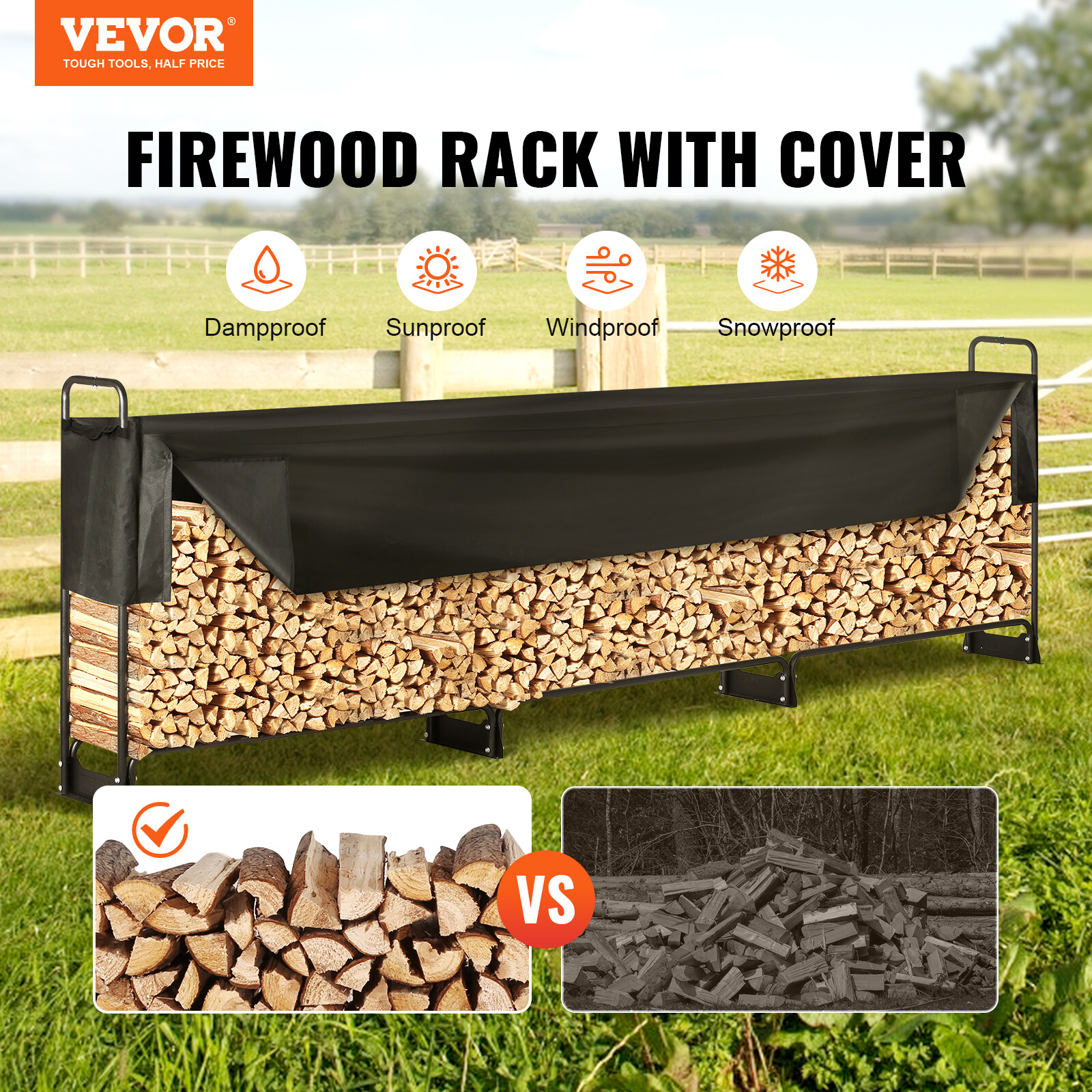 VEVOR 12.7 FT Outdoor Firewood Rack with Cover Firewood Holder 152"x14.2"x46.1"