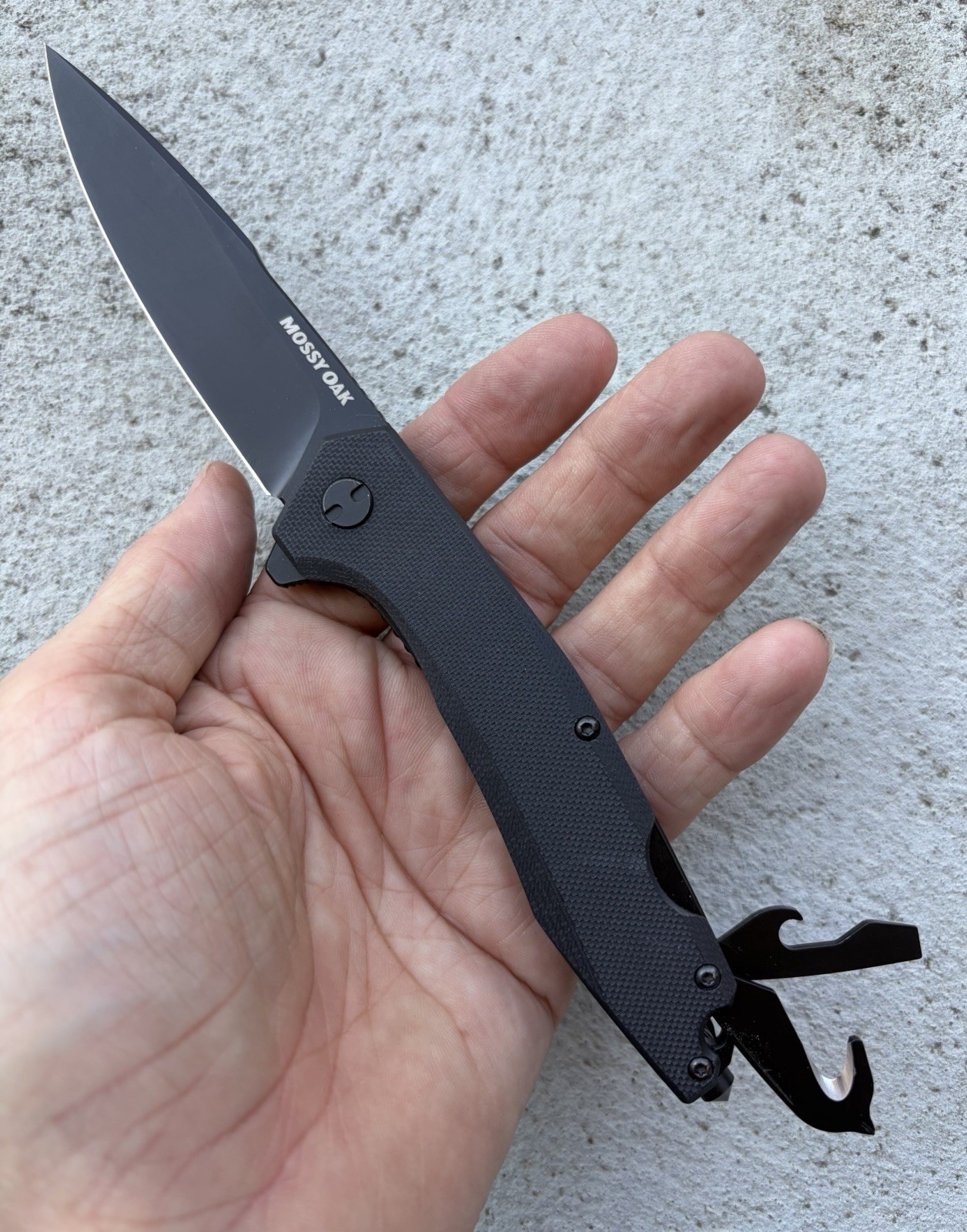 MOSSY OAK FOLDING POCKET KNIFE D2 BLADE GLASS BREAKER ROPE CUTTER BOTTLE OPENER