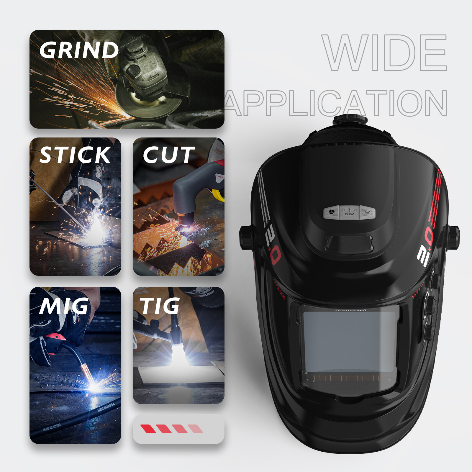 YESWELDER Auto Darkening Welding Helmet Fan Light 1/1/1/1 Color Solar Powered