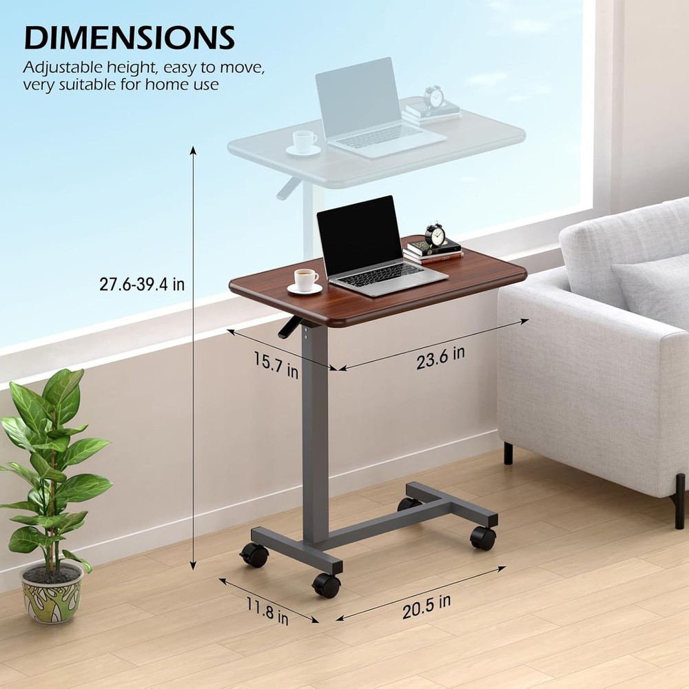 Adjustable Overbed Table with Wheels, Bedside Rolling Table, Pneumatic Height Ad