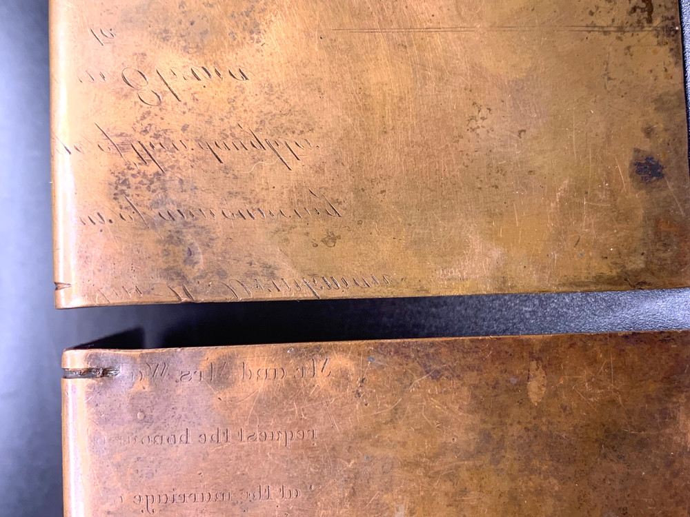 Antique Arts & Crafts copper small Sample Size Bookends on copper with script