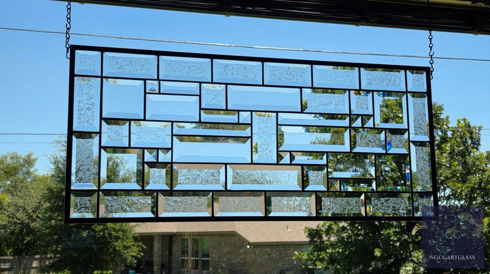 Contemporary clear stained glass panel, rectangular window hanging,28 1/2x12 1/2