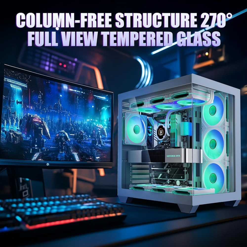 Gaming PC Case, ATX Cpmputer CASE with 7 PWM ARGB Fans Pre-Installed,Type-C Full
