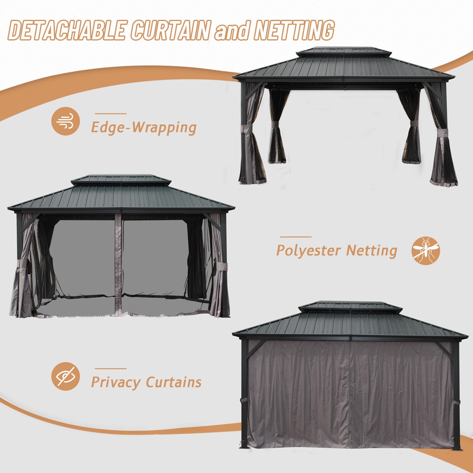 Domi 10’ x 12’ Hardtop Gazebo Outdoor Aluminum Gazebo w/Curtains and Net, Gray