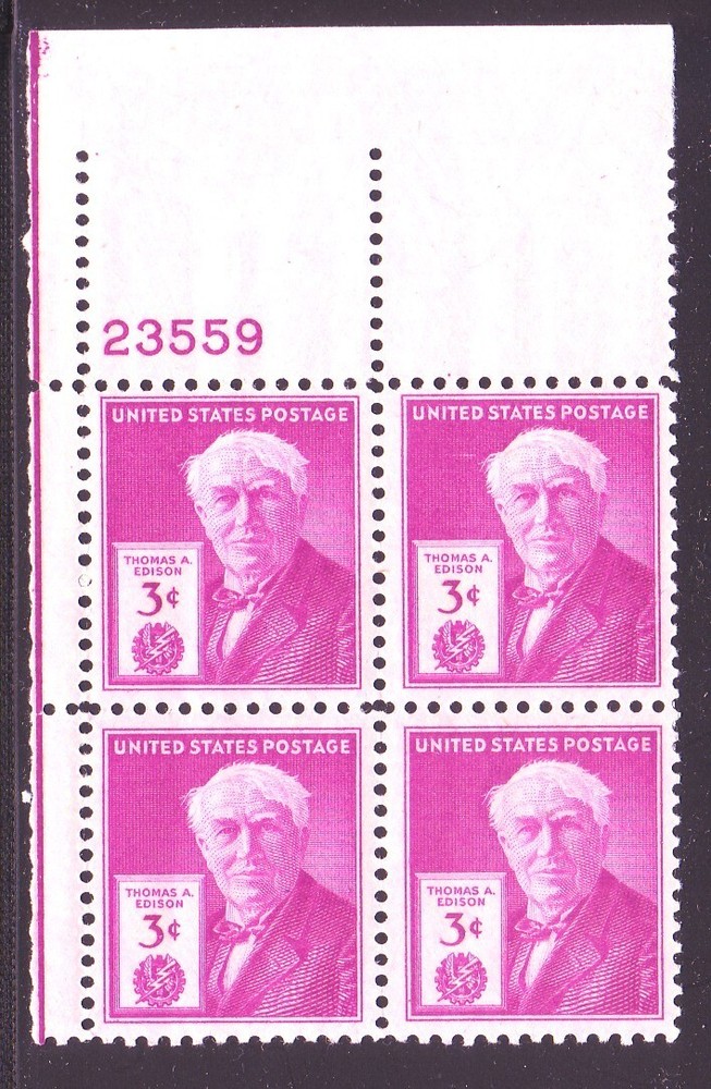 #945 THOMAS EDISON. MINT PLATE BLOCK. F-VF NH!
