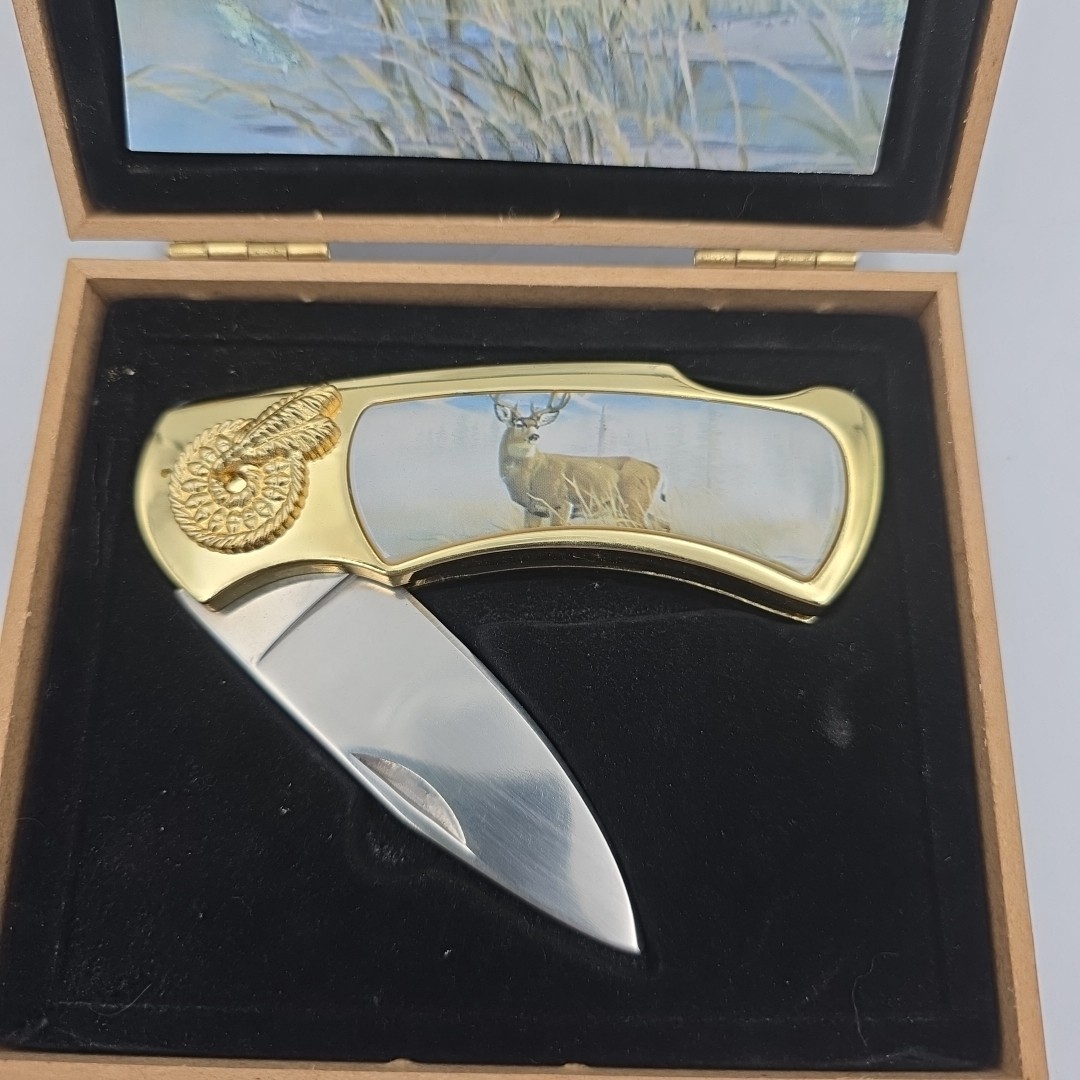 Gold Hunting Knife in Case with Buck Picture on Knife and Inside Box 7"