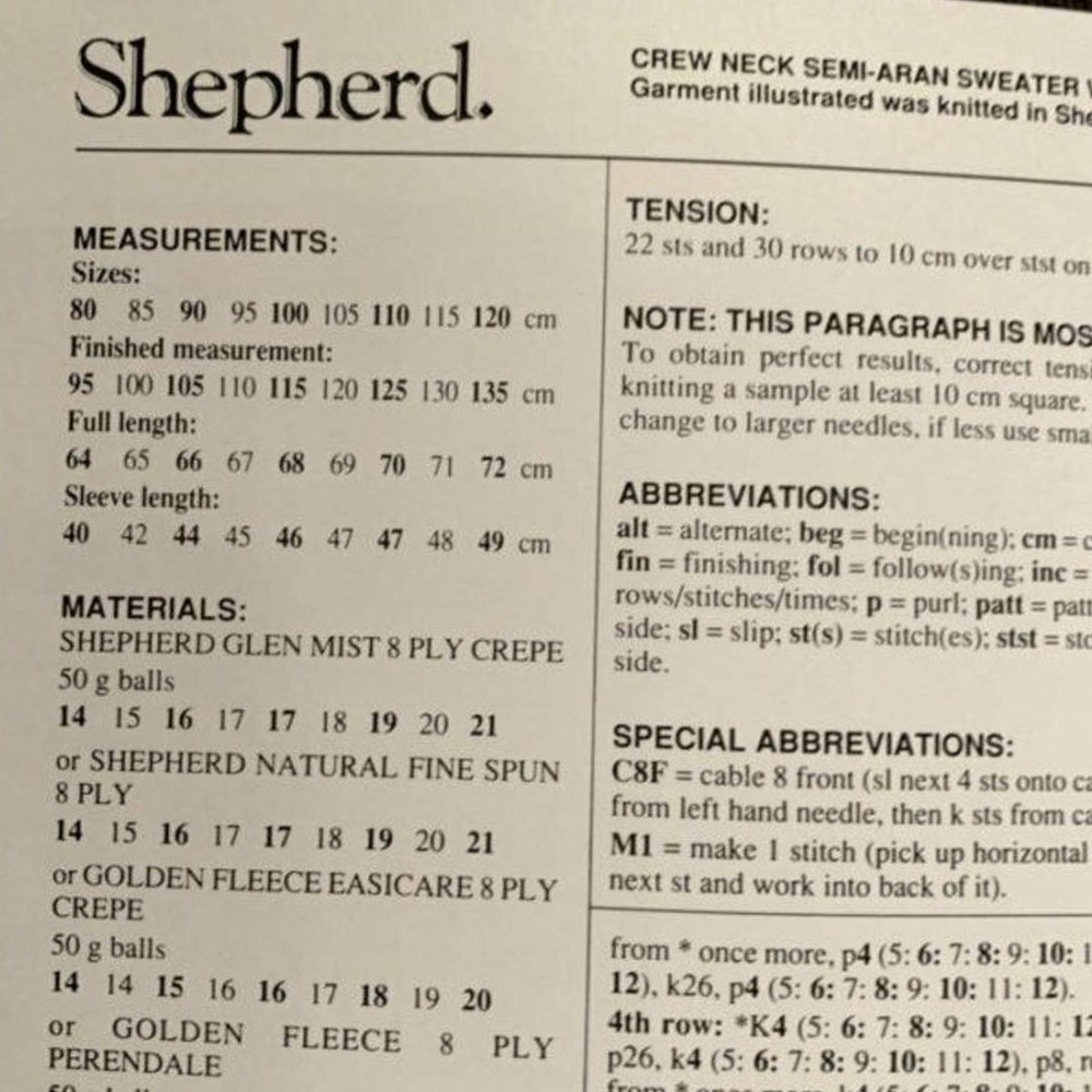 New Shepherd 1869 8 Ply Crew Neck Semi-Aran Pullover Sweater Knitting Pattern