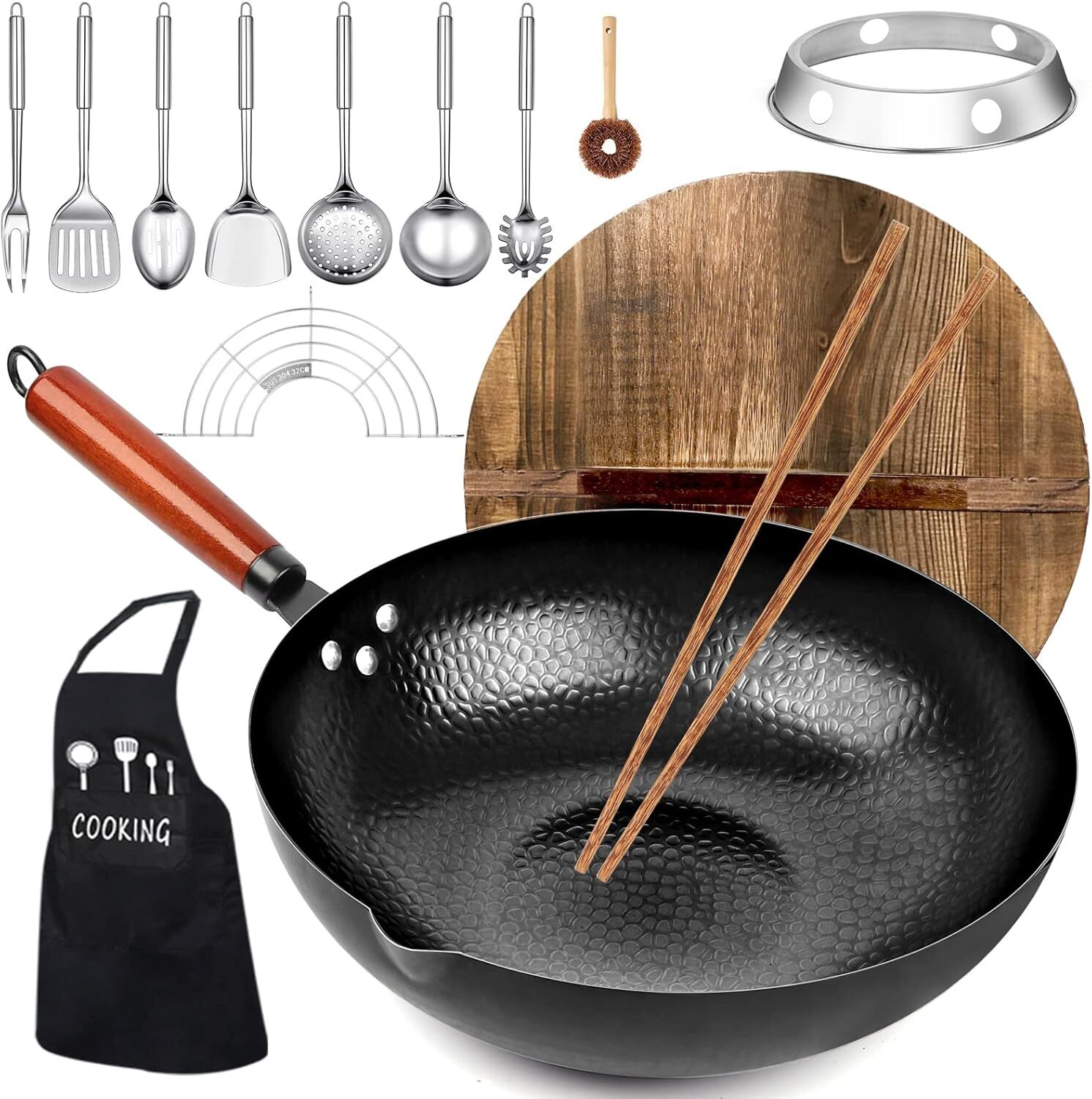 Carbon Steel Wok Pan, 14 Piece Woks &Stir-Fry Pans Set with Wooden Lid Cookwares