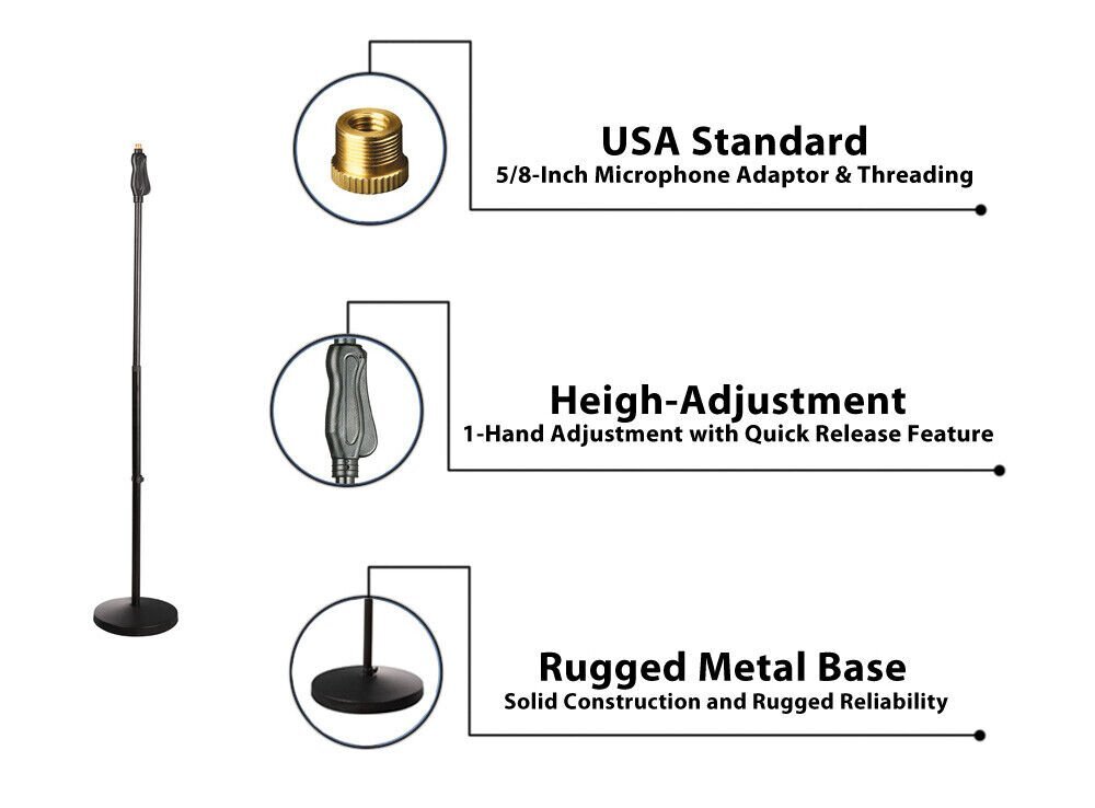 Pyle Universal Microphone Stand - Mic Mount Holder, Height Adjustable - Black