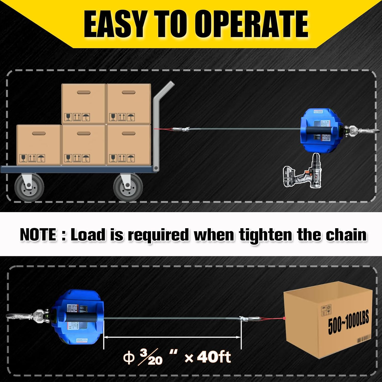 Portable Drill Winch 1000 LB Pulling Capacity with 40 Feet Alloy Steel Wire Rope