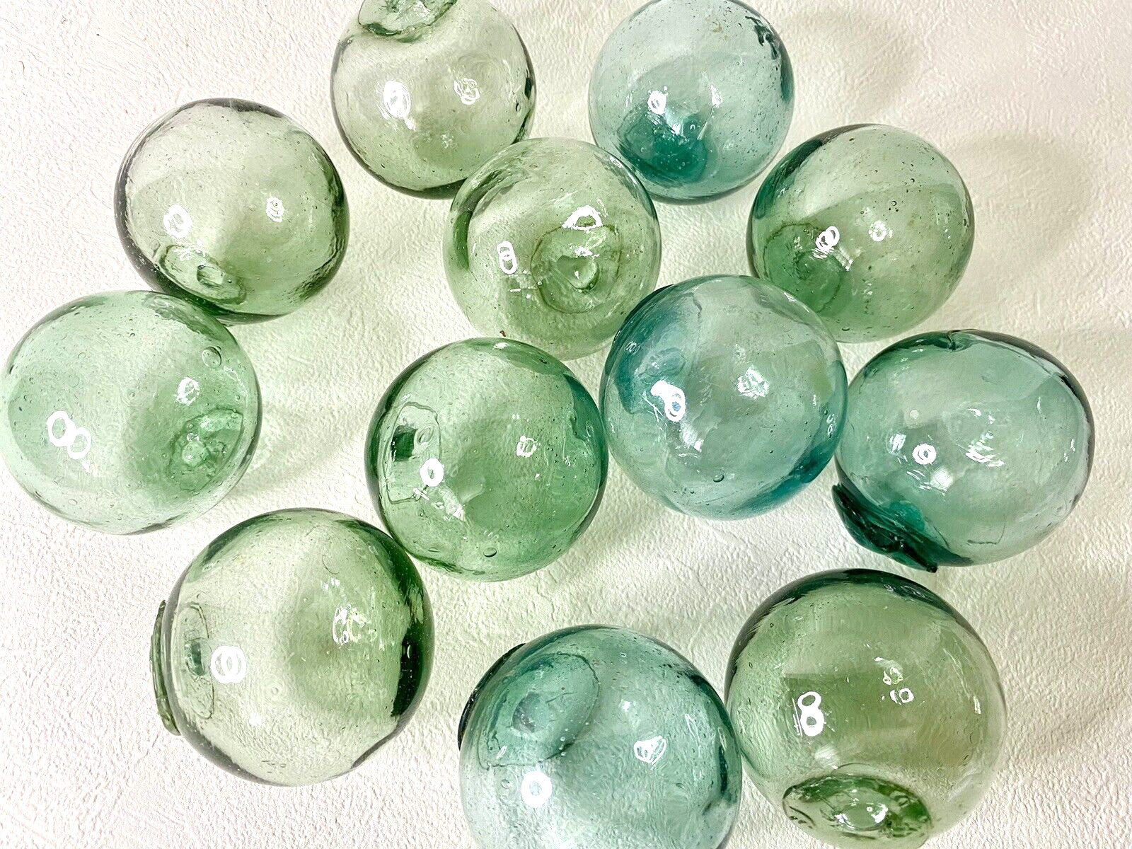 Vintage Japanese Fishing Glass Floats, Set of 12, Green & Blue - Marked, 2"-2.5"