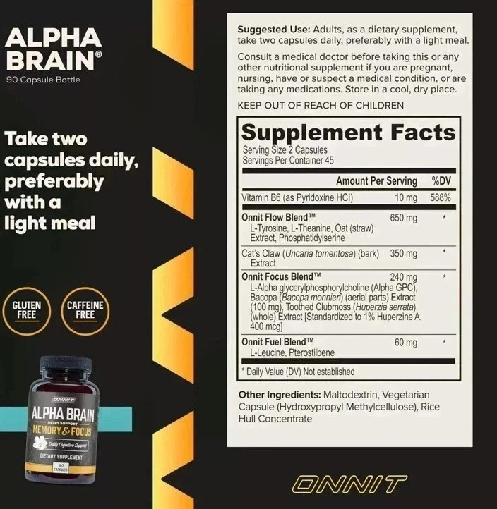 Onnit Labs Alpha Brain Memory & Focus Dietary Support Supplements- 90 Capsules