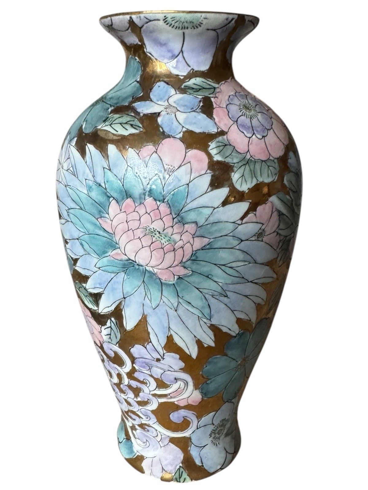 Vintage 8” Vase Chinoiserie Golden Peony Pastel Pink Purple Blue Toyo Macau 1970