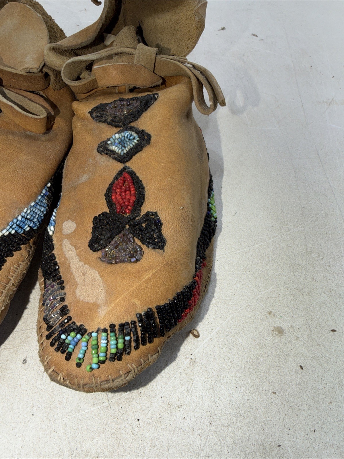 Authentic Native American Leather Beaded Moccasin Lot and Indian Rattle