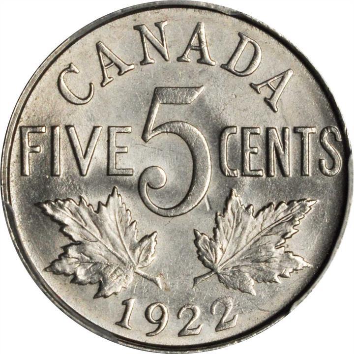 1922 Canada 5 Cents, PCGS MS 64, Attractive Example, KM 29.