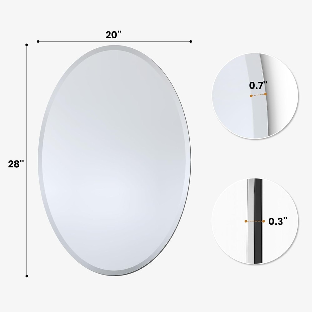 Frameless Oval Mirror 28x20" – Back Panel Support Ideal for Bathroom Over Vanity