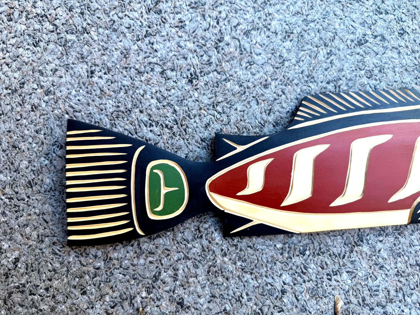 Northwest Coast Native Large Detailed Yellow Cedar burgandy Salmon wood carving