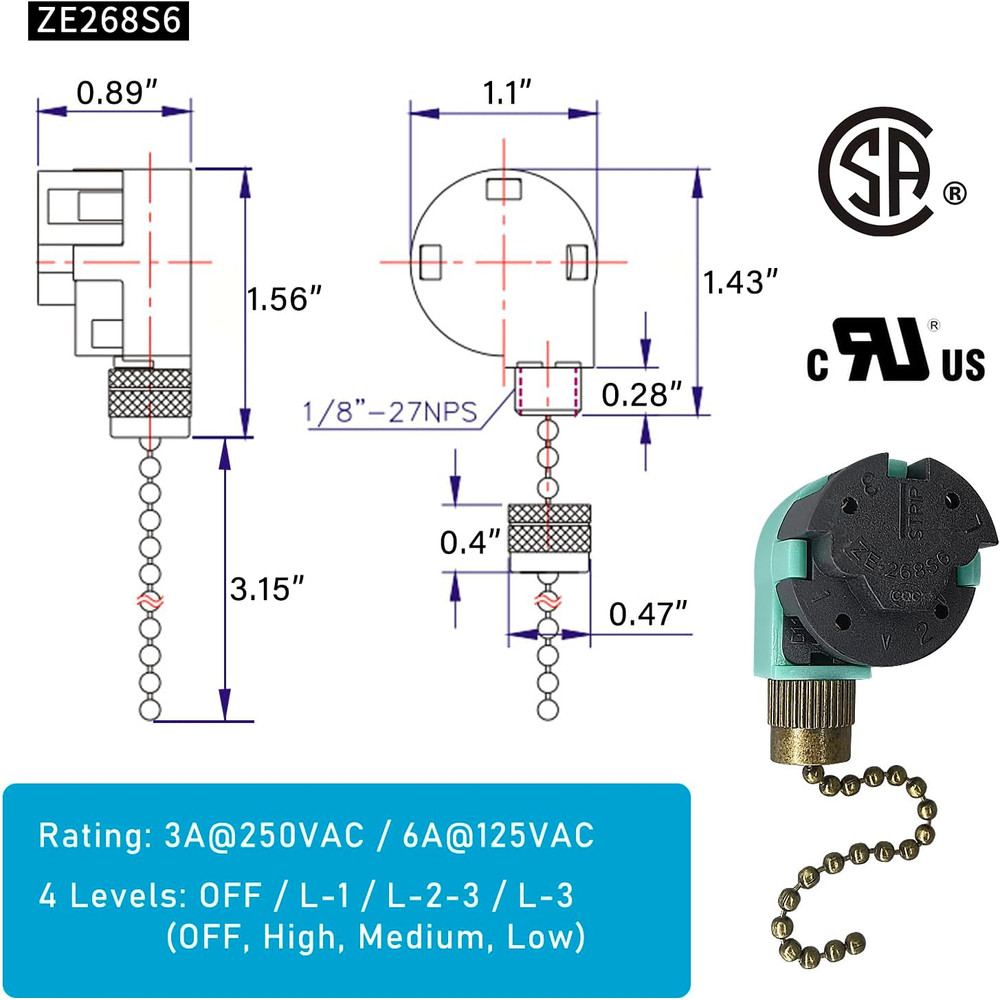 Ceiling Fan Pull Chain Switch 3 Speed 4 Wire, Ceiling Fan Capacitor CBB61 4.5uf
