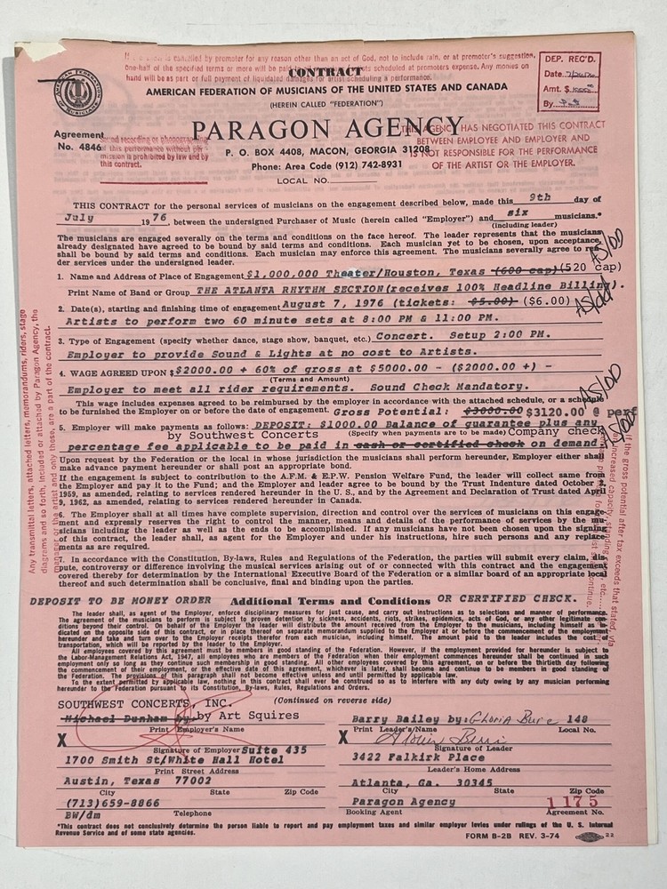 The Atlanta Rhythm Section Concert Contract 1976 Houston TX