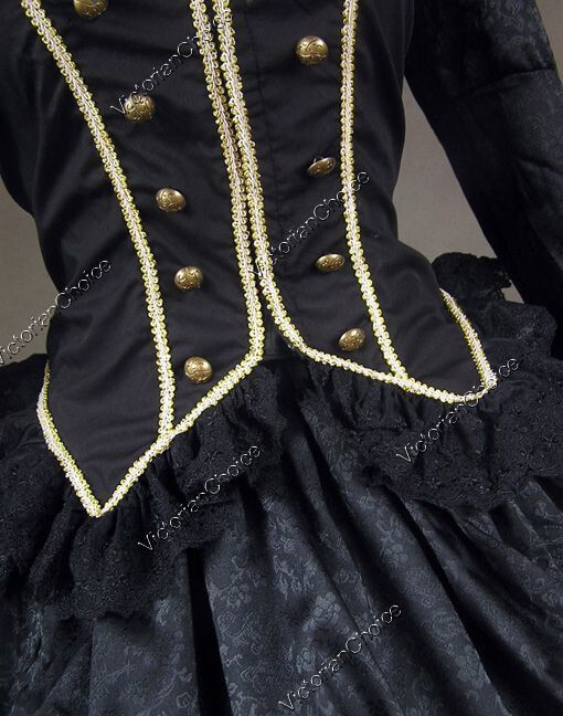 Black Victorian Civil War Brocade Dress Ruffle Skirt Ball Gown Gothic Costum 188