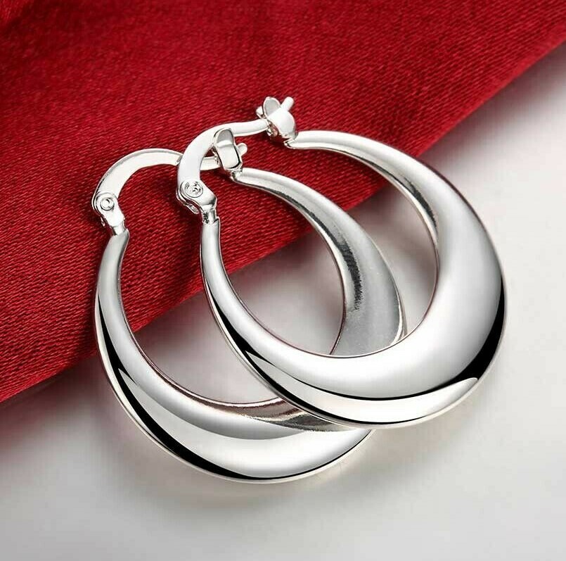 Womens 925 Sterling Solid Silver Elegant Round Pierced Hoop Earrings