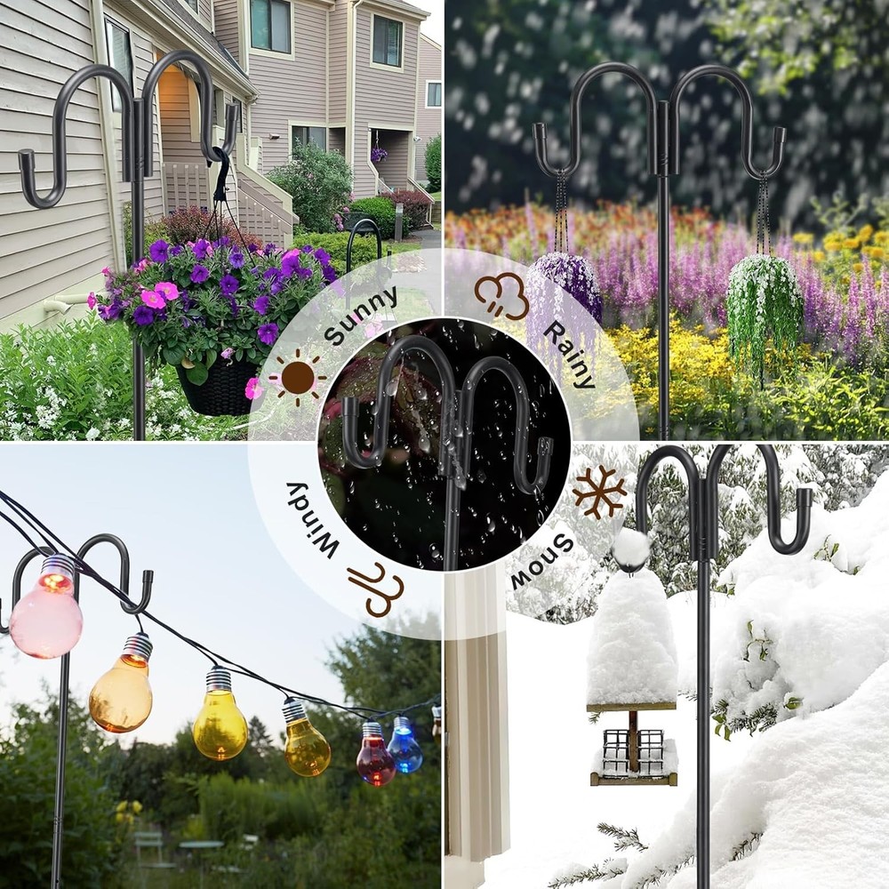 Black Double Shepherds Hook - 52 Inch Adjustable Bird Feeder Pole with 5 Pron...