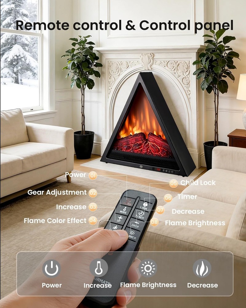 22" Triangular Electric Fireplace Heater 1500W LED Flame Timer Remote - NIB