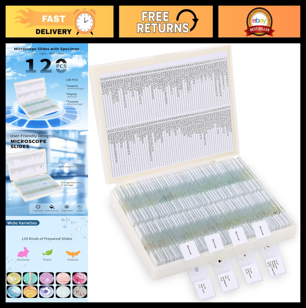 120 Pcs Educational Microscope Slides Set with Specimens for Biology Experiments