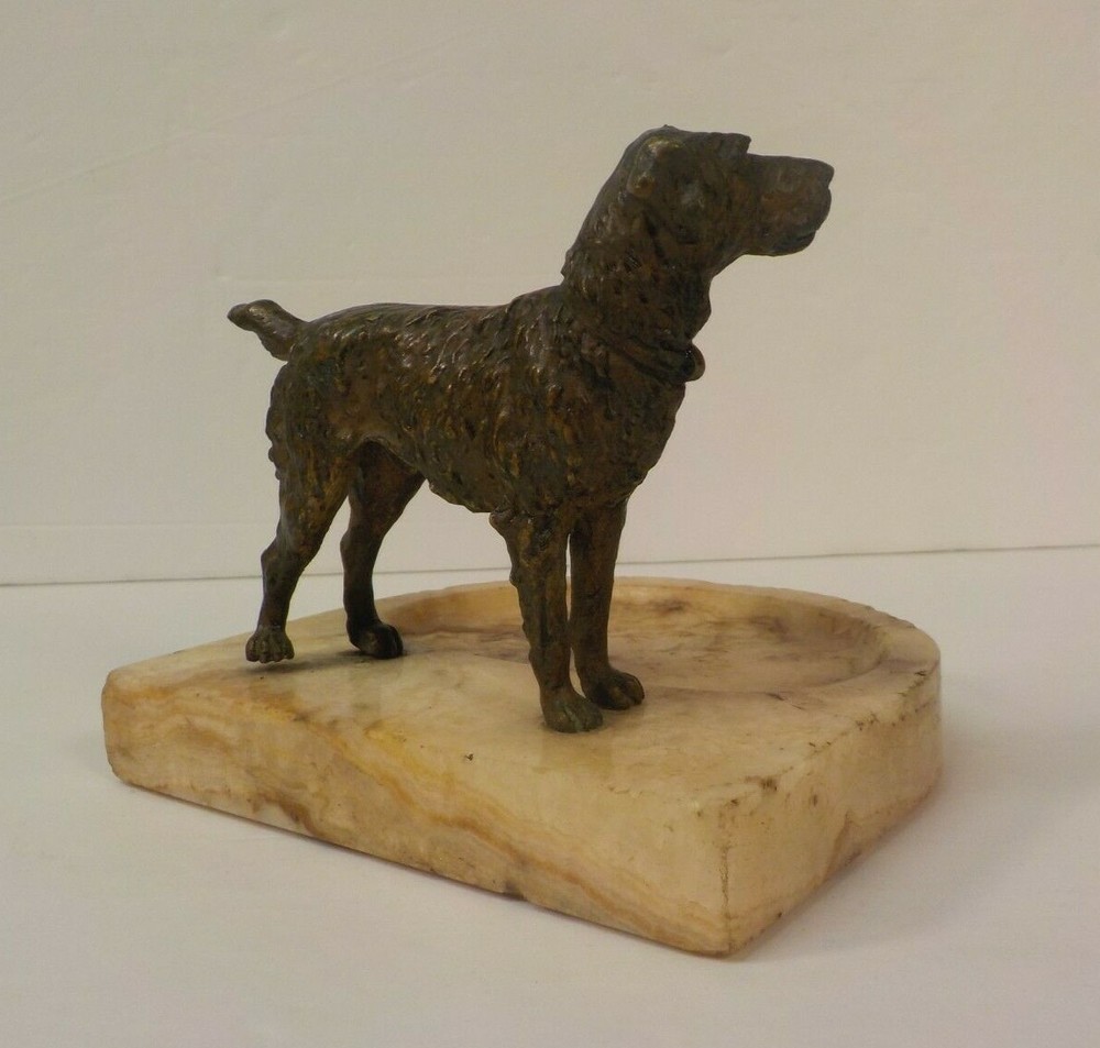 Bronze Dog Sculpture, Alabaster Base Desk Accessory
