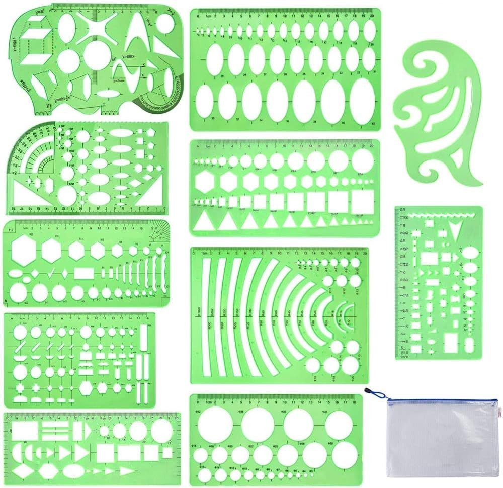 11pc Geometric Drawing Template Set Plastic Drafting Stencils School & Office