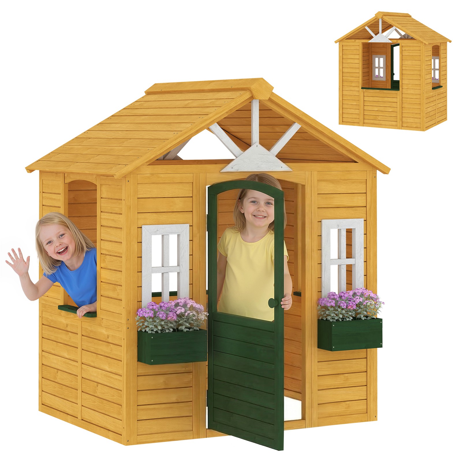 Qaba Outdoor Playhouse, Wooden Kids Playhouse with Door, 2 Flower Boxes