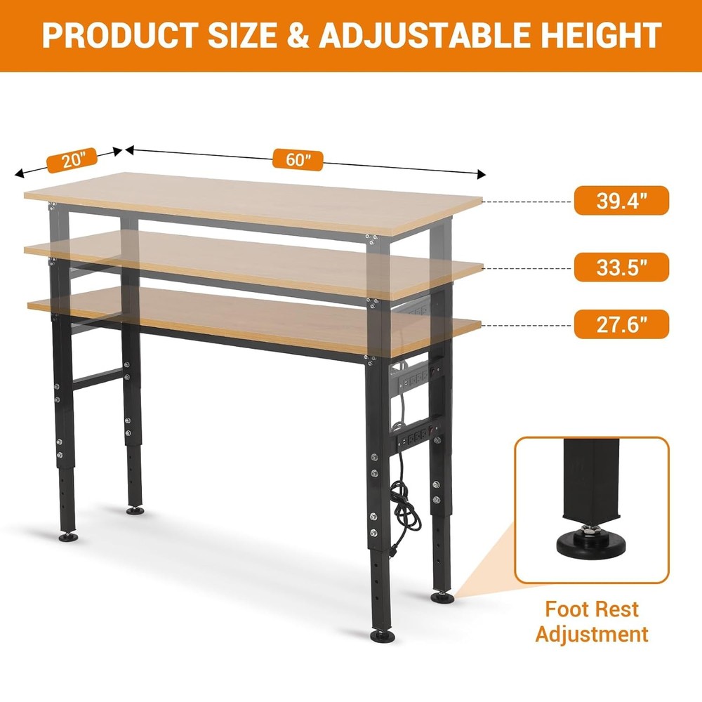60x20 Inch Adjustable Workbench 2500 Lbs Work Table Tool Bench with Power Outlet