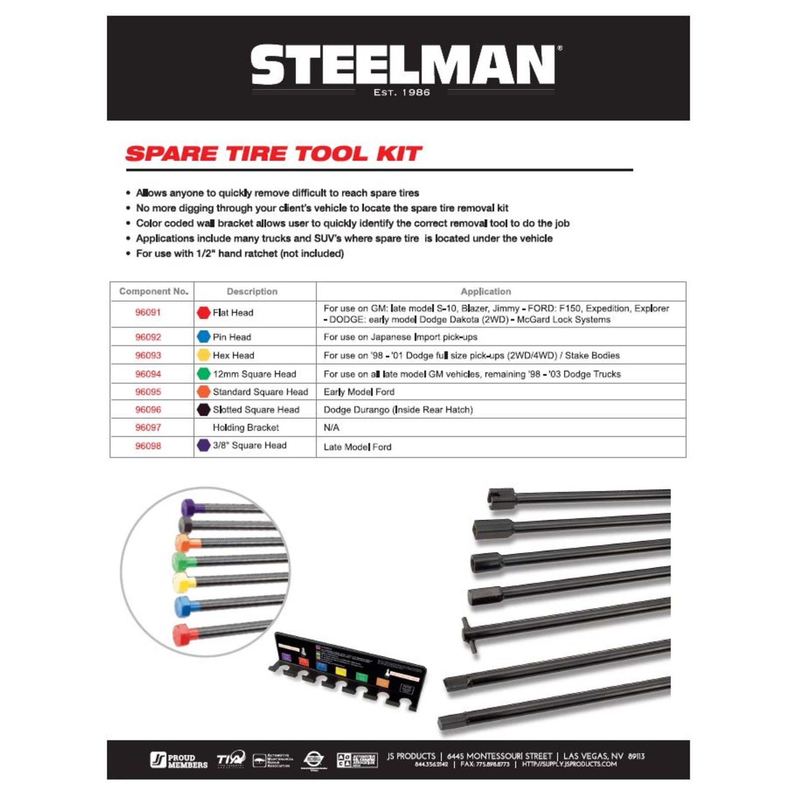 Steelman 7 Piece Spare Tire Hoist / Removal Tool Set Kit 96090A