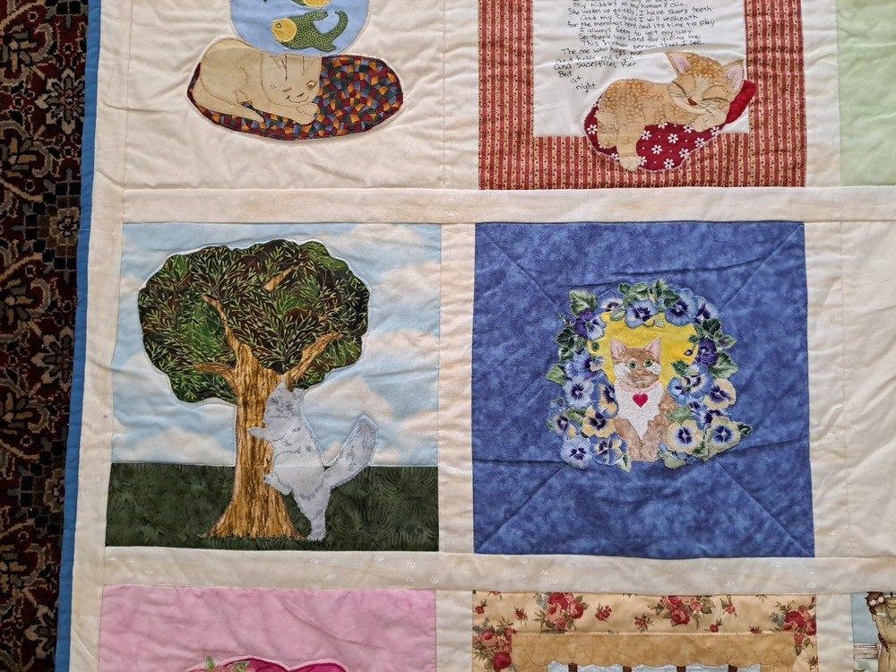 Handmade Patchwork Applique Cat Scenes Wall Hanging Quilt