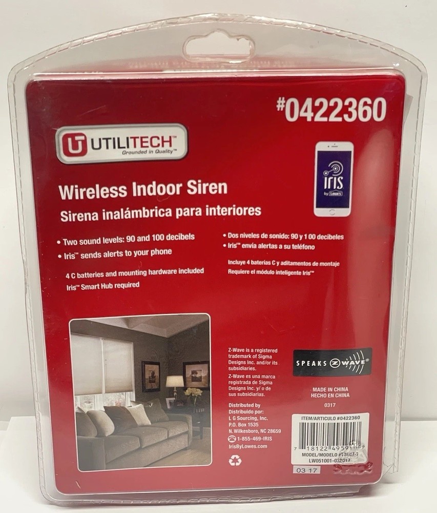 Utilitech Wireless Indoor Siren Z-wave Model TSE07-1 Iris Security System Sealed