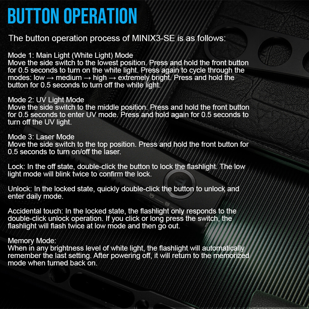 Trustfire 1200LM MiniX3-SE Rechargeable Flashlight White Light UV Pointer BLACK