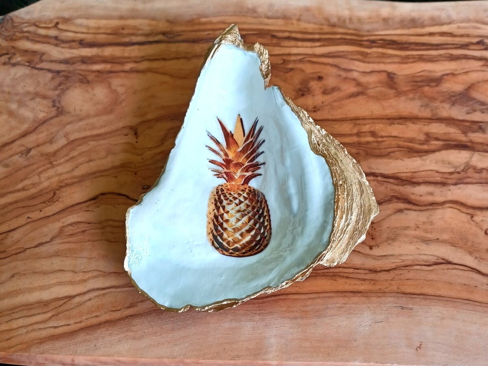 Pineapple Decoupage Oyster Shell - Gold and White Ring Dish, Seashell Decor