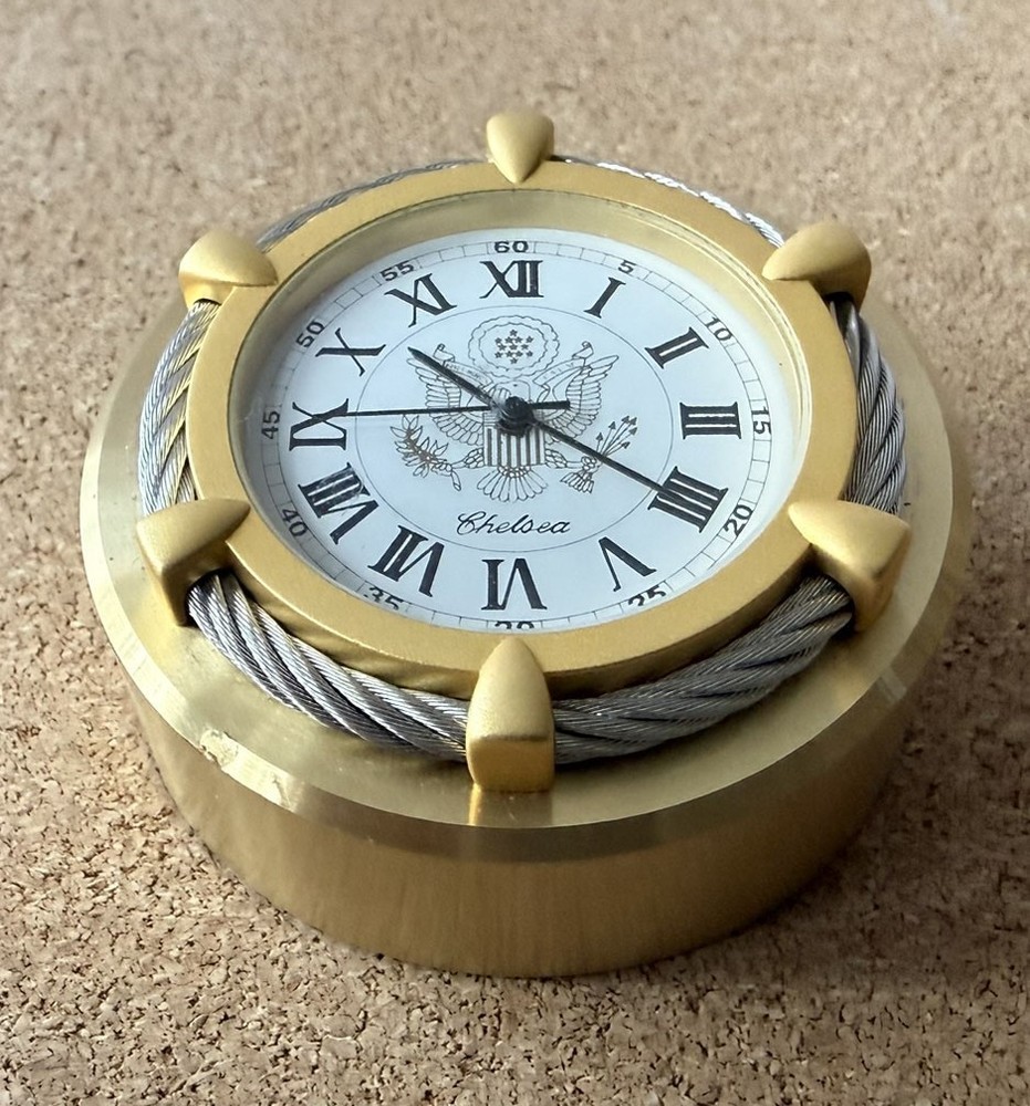 Chelsea Clock Solid Brass Cable Paperweight Clock W/American Eagle - RARE